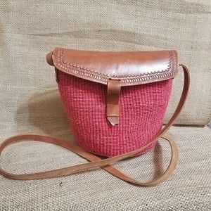 Tooled Leather and Red Woven Straw Crossbody Bucket Bag